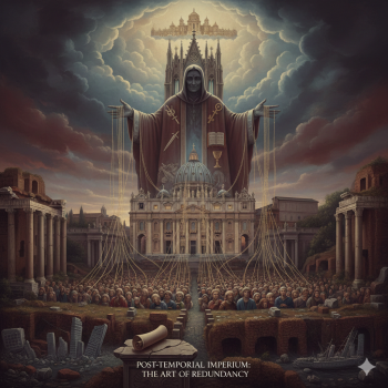 Grand figure overseeing a crowded city.