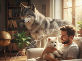 Man with puppy evolved from wolf nearby.