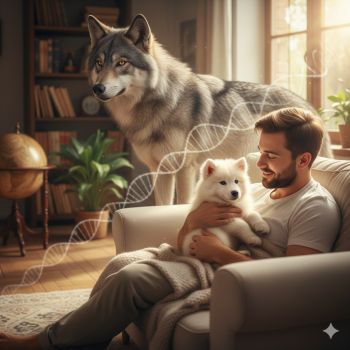 Man with puppy evolved from wolf nearby.